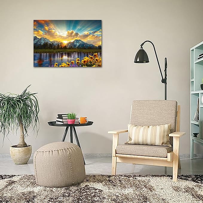SKASNFAI Grand Teton National Park Wall Art Sunflower Landscape Canvas Mountain Artwork Landscape Print for Living Room Framed (28x44 inch)