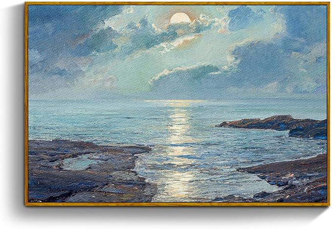 crmotu Landscape Framed Wall Art, Coastal Scenery Vintage Canvas Prints, Moonlit Night Aesthetic Decor Pictures, Blue Ocean French Country Wall Paintings for Living Room Bedroom Bathroom 16x24in