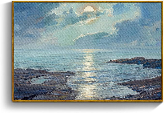 crmotu Landscape Framed Wall Art, Coastal Scenery Vintage Canvas Prints, Moonlit Night Aesthetic Decor Pictures, Blue Ocean French Country Wall Paintings for Living Room Bedroom Bathroom 16x24in