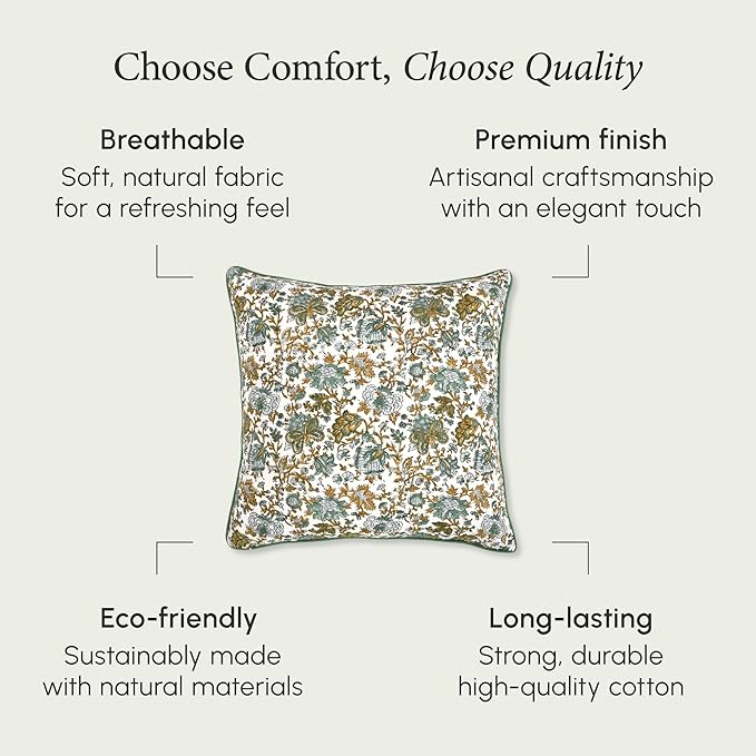 CPC 100% Cotton Throw Pillow Covers 20x20 Inch, Set of 2 Blue Block Print Pattern Couch Pillow, Cute Boho Decorative Pillows for Living Room, Bedroom with Hidden Zipper- Blue Topaz