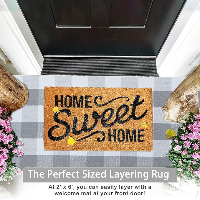 KOZYFLY Buffalo Plaid Rug 2x6 Ft Grey and White Runners for Hallways Washable Checkered Rug Cotton Kitchen Runner Carpet Runner Rugs for Entryway Bedroom Living Room