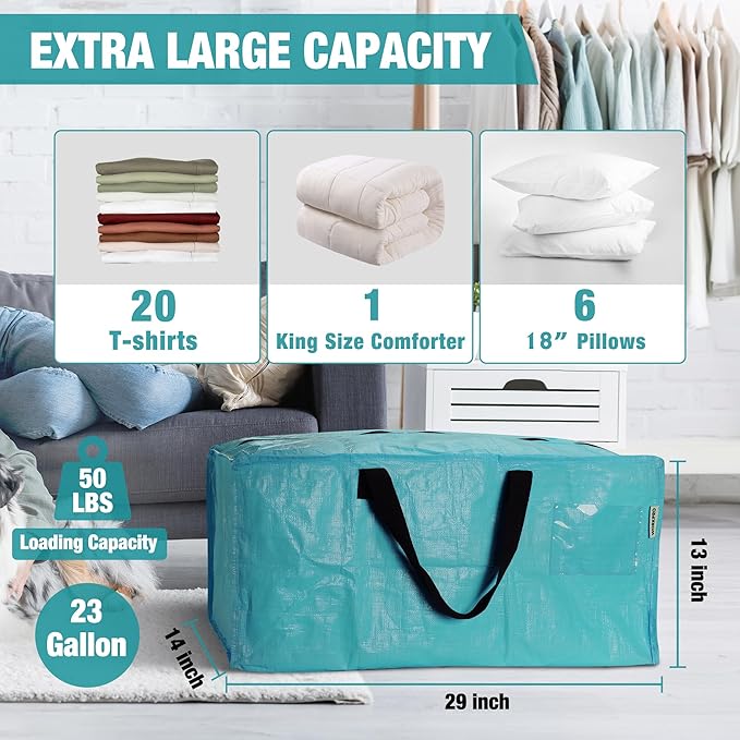 WORKPRO 6 Pack Extra Large Moving Bags with Zippers & Carrying Handles Backpack Straps, Heavy-Duty Storage Tote for Space Saving & Storage, Alternative to Moving Box (Blue)