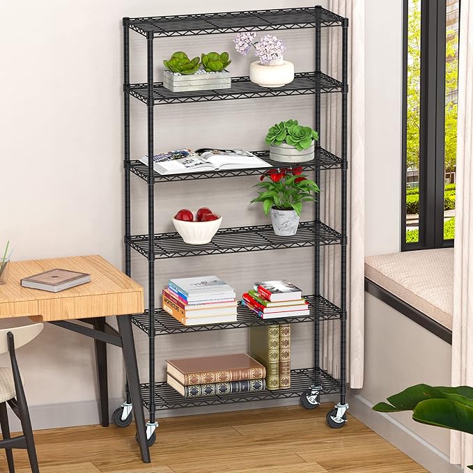 Metal Steel Shelving with Wheels Rack Unit, 6-Tier Rolling Storage Shelf Adjustable Wire Rack Organizer Utility Storage Shelving for Home Kitchen Garage Pantry(6-Tier Shelf)