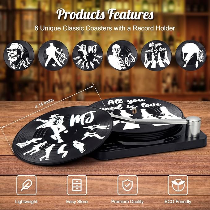 Valdivia Retro Vinyl Record Coasters with Player, 6 Pcs Music Coasters for Drinks, Bars, Cool Apartment Decor and Funny Housewarming Gifts New Home Presents for Music Lovers, Birthday Gifts for Men