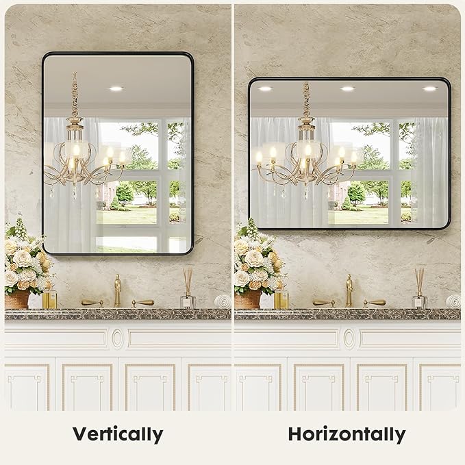 Sweetcrispy Black Metal Framed Bathroom Vanity Mirrors for Over Sink Wall, 30x40 Inch Large Rounded Rectangle Mirror, Modern Decorative for Restroom, Farmhouse, Horizontally or Vertically Hanging