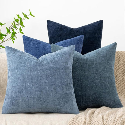Set of 4 Soft Textured Decorative Throw Pillow Covers 20x20 Inch Cozy Farmhouse Cushion Cover Square Accent Pillow Cases for Bed Couch Sofa Living Room, Blue Series