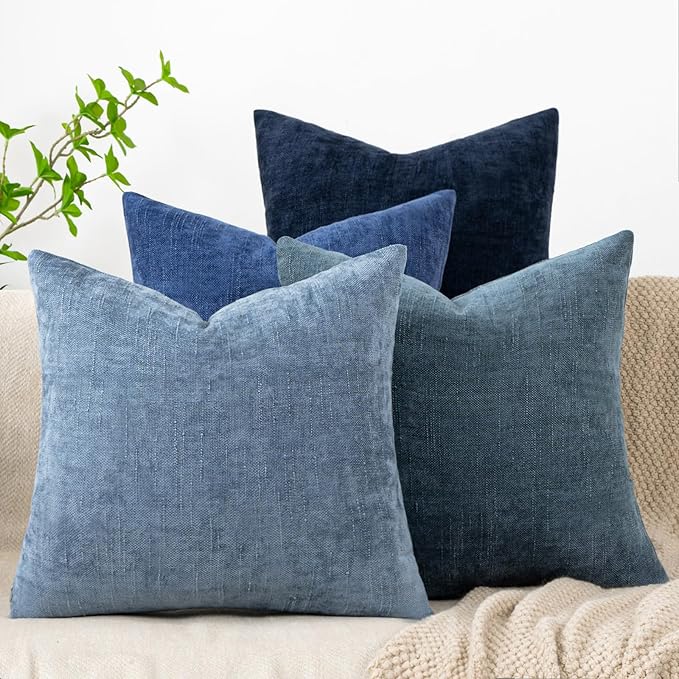 Set of 4 Soft Textured Decorative Throw Pillow Covers 22x22 Inch Cozy Farmhouse Cushion Cover Square Accent Pillow Cases for Bed Couch Sofa Living Room, Blue Series