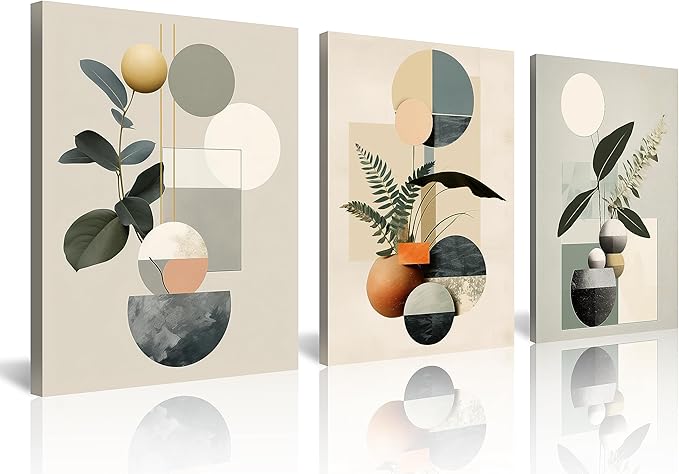 NAN Wind Modern Minimalism Wall Decor Set of 3 Boho Wall Art Mid-Century Framed Botanical Plant Geometric Canvas Art Abstract Minimalist Art Prints For Living Room Bedroom Kitchen Office Home Decor