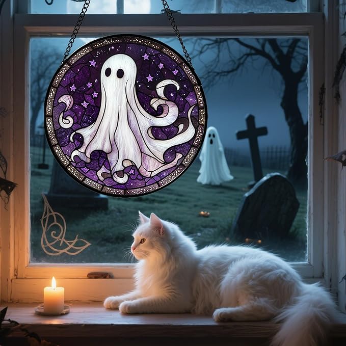 Stained Glass Window Hanging - Halloween Decorations White Ghost Purple Stars Suncatcher for Doors Garden Spooky Funny Sun Catchers Gothic Decor Horror Gifts for Women Men Friend 11.8 in
