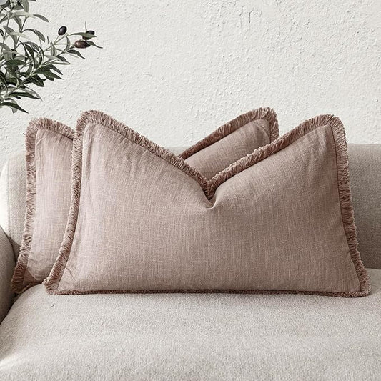 Foindtower Set of 2 Decorative Linen Fringe Lumbar Throw Pillow Covers Farmhouse Cushion Cover with Tassels Soft Accent Pillowcase for Couch Sofa Bed Living Room Home Decor,12×24 Inch,Dusty Pink