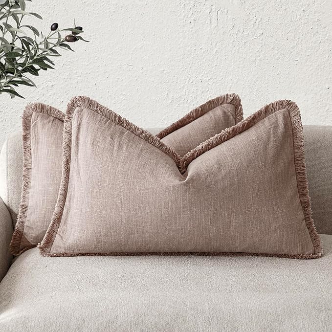 Foindtower Set of 2 Decorative Linen Fringe Lumbar Throw Pillow Covers Farmhouse Cushion Cover with Tassels Soft Accent Pillowcase for Couch Sofa Bed Living Room Home Decor,12×20 Inch,Dusty Pink