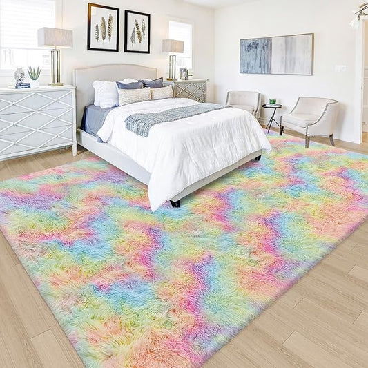 Fluffy Rainbow Colorful Area Rug for Living Room 6x9 Kawaii Tie Dye Rug Fuzzy Indoor Floor Unicorn Rug for Bedroom Girls Kids Nursery Baby Princess Room Dorm Home Decor Aesthetic Carpets