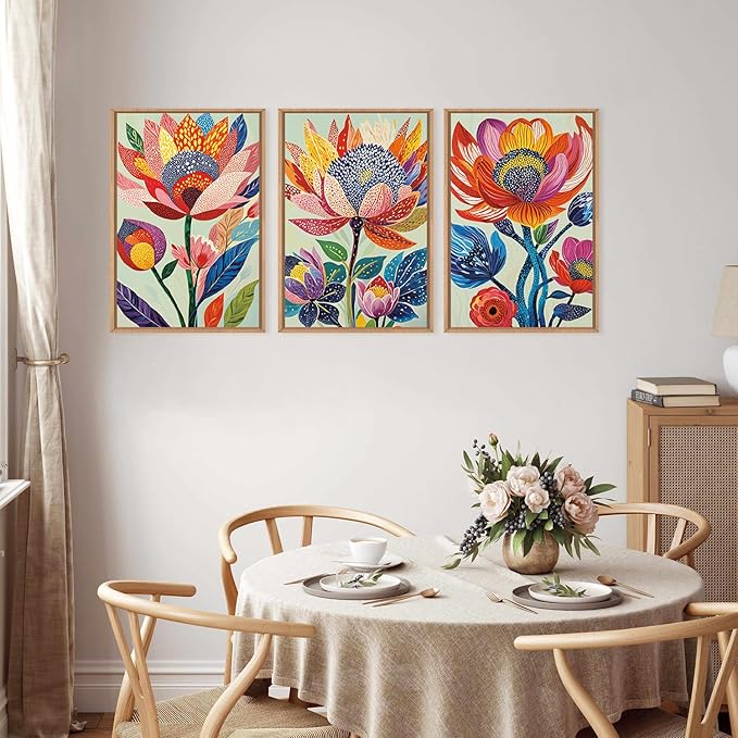 HPINUB Abstract Botanical Floral Framed Canvas Wall Art Set,Colorful Dot Art Modern Flower Wall Decor,Vibrant Blooming Flowers Artwork Eye-Catching Boho Art Print for Living Room,Bedroom-16 x24 x3