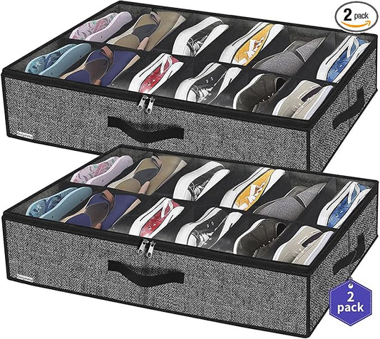 Onlyeasy Sturdy Under Bed Shoe Storage Organizer, Set of 2, Fit 12 to 24 Pairs, Underbed Shoes Closet Storage Solution with Clear Window, Breathable, L29.3"x W23.6"x H5.9", Linen-like Black, MXAUBSB2P