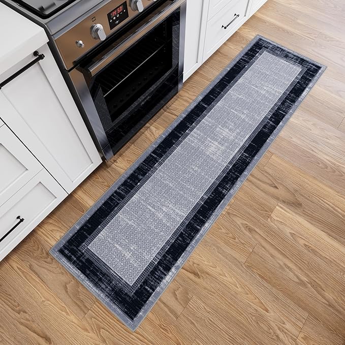 Ottomanson Hallway Runner Rug 1'10" x 7' Non Slip Border Area Rugs Easy to Clean Laundry Rug Runner Durable & Pet Friendly Floor Carpet Runners for Hallways Entryway Living Room Kitchen, Gray/Navy