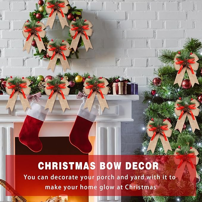 Syhood 6 Pcs Christmas Bows with Pine Cones Pine Needles Xmas Flaxen Bows Ribbon Christmas Tree Wreath Decoration for Xmas Parties Indoor Outdoor Crafts DIY Decor