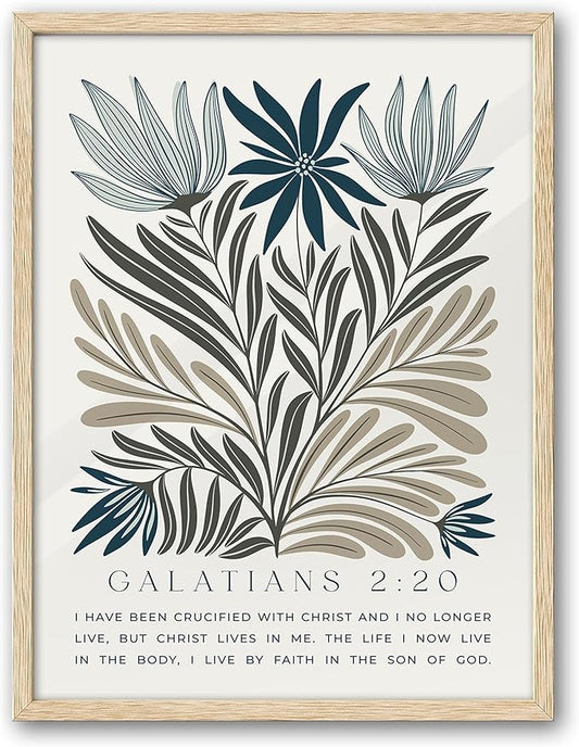 EcoHest Christian Bible Verse Floral Framed Wall Art, Large 16x20 in OAK Wood Boho Abstract Flowers Canvas Wall Art, Galatians 2:20 Home Decor, Beige Logs Christ Set of 1 for Bedroom Living Room