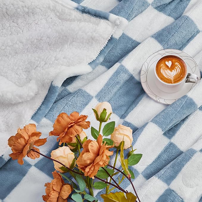 Heated Electric Blanketc Throw, 50X60 Heating Blanket with 10 Heat Levels & 8 Hours Auto Off for Lap, Misty Blue Checkered Plaid Soft Sherpa Blankets Warmer Gifts for Couch Grandma Women Adults, ETL