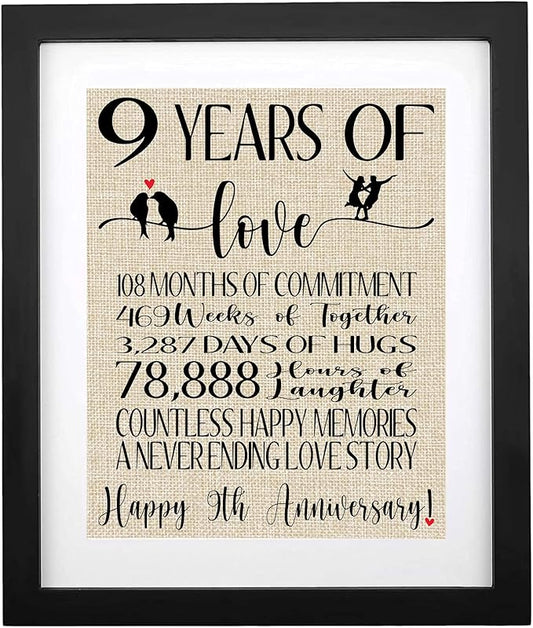 9 Years of Love Burlap Print Framed, Gifts for Husband & Wife 9th Wedding Anniversary, Romantic Decoration for Couple