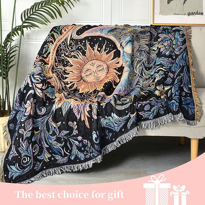 Boho Throw Blanket Reversible Cotton Bohemian Tapestry Hippie Room Decor Outdoor Blanket Double Sided (Boho Sun Black 50"x60")