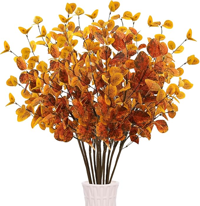 Krissing 12 Pcs Fall Artificial Eucalyptus Stems, 26.5" Fall Eucalyptus Leaves Faux Greenery Stems for Autumn Home Table Centerpieces Arrangement Decorations