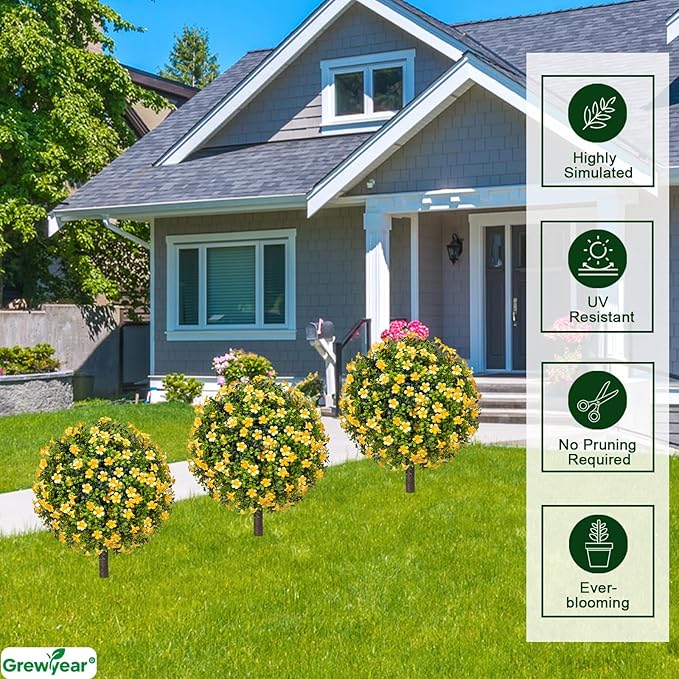 Fall Artificial Topiary Ball Trees with Spike Set of 2, Fall Faux Boxwood Plants for Outdoor Planters, UV Resistant Artificial Outdoor Shrubs, Fake Bushes for Porch, Garden, Patio Decor