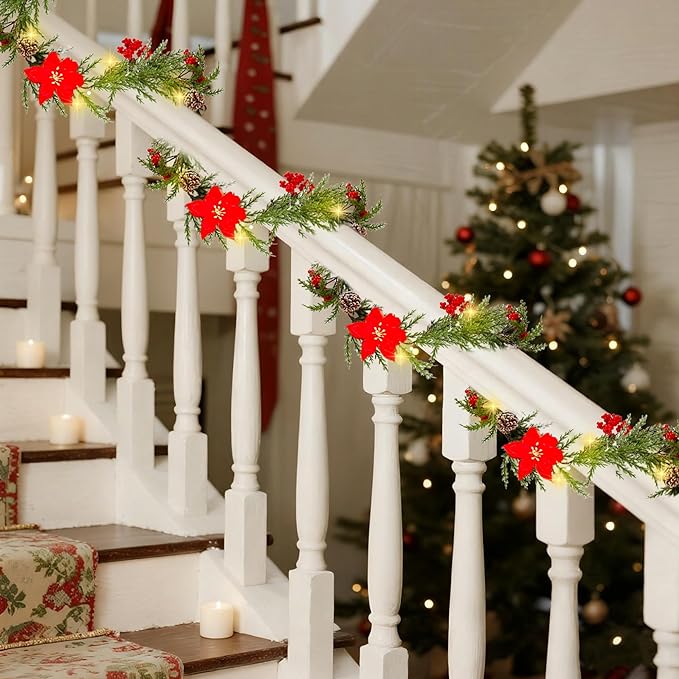 DR.DUDU 6 FT Pre-lit Artificial Christmas Garland with 20 LED Lights, Battery Powered with Pine Cones, Red Berries, Pine Needles, Lighted Christmas Wreath for Holiday Party, Xmas Tree Decorations