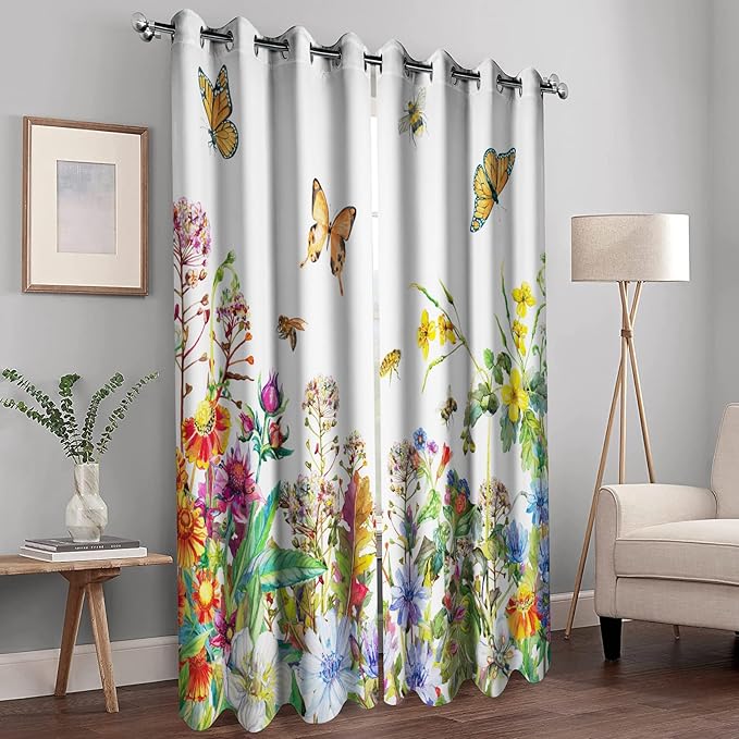 MissHope Spring Flowers Floral Blackout Curtains Colorful Wildflower Botanical Butterfly Bee Green Plant Leaves Decor for Home Bedroom Living Room Grommet Window Drapes 2 Panels, 52x84 Inch