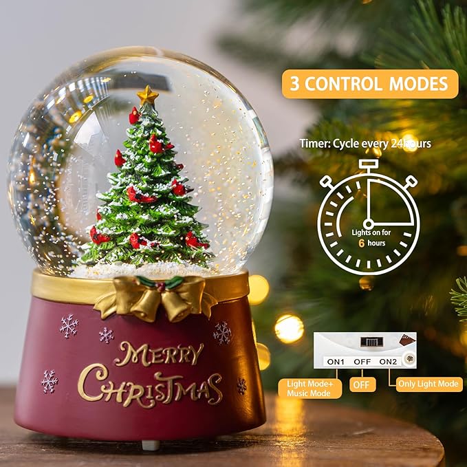 Christmas Snow Globe Lantern Water Glittering Christmas Tree Crown with Music & Timer, USB Lined/Battery Operated Lighted Water Lantern for Christmas Festival Decoration Gifts