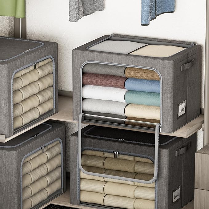 4 Pack Clothes Storage Bins with Metal Frame - 66L Stackable Storage Box with Lid，Foldable Storage Container Organizer for Clothes，Linen Fabric Storage Box with Clear Window＆Zippers＆Handles