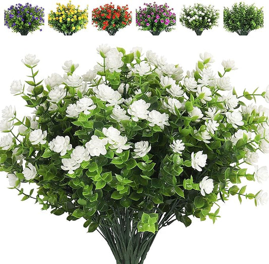 RECUTMS Artificial Flowers, Fake Boxwood Outdoor UV Resistant Plants Artificial Springs Flowers Eucalyptus Greenery Shrubs Bridal Wedding Bouquet for Home Garden Party Wedding Decoration(White)