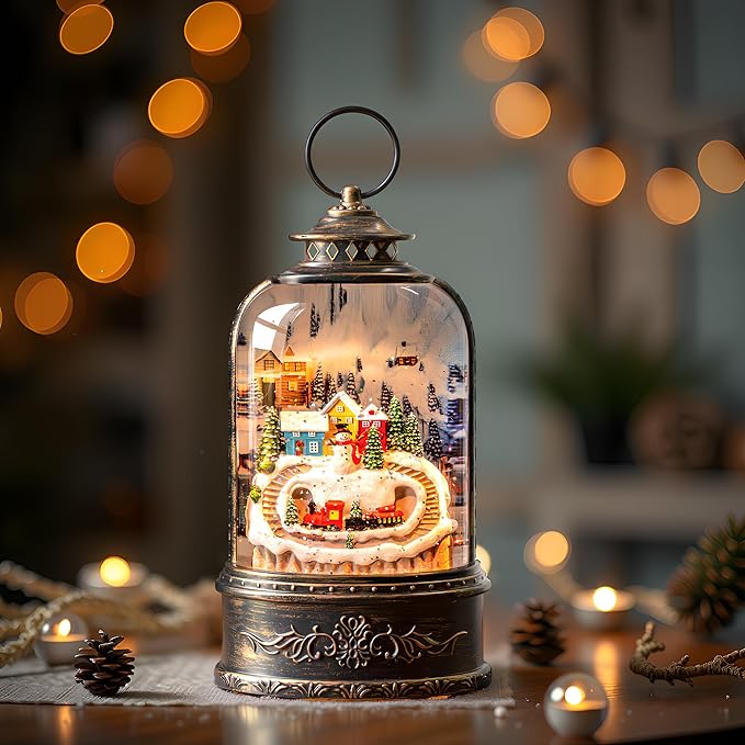 Christmas Snow Globe Lantern Water Glittering Snowman & Train with Music & Timer, USB Lined/Battery Operated Lighted Lantern for Christmas Festival Decoration Gifts
