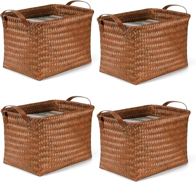 15L Laundry Baskets Waterproof Storage Baskets For Shelves Large Laundry Hamper With Leather Handle -set of 4 Cube Organizers Woven Bins for Bathroom,Bedroom,Pantry,Clothes,Car & Towels-Brown