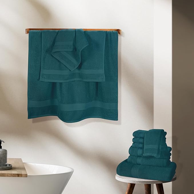 GLAMBURG Ultra Soft 24-Piece Towel Set - 100% Pure Ringspun Cotton, Contains 8 Oversized Bath Towels 27x54, 8 Hand Towels 16x28, 8 Wash Cloths 13x13 - Ideal for Everyday use, Hotel & Spa - Teal