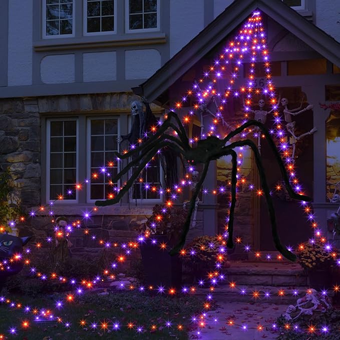 Halloween Spider Web Lights Decoration 455 LED Spider Webs Halloween Decorations Outdoor with 59" Large Spider & 3.53 oz Stretch Cobweb 16.4 Ft Light Up Giant Spider Web (Purple & Orange)