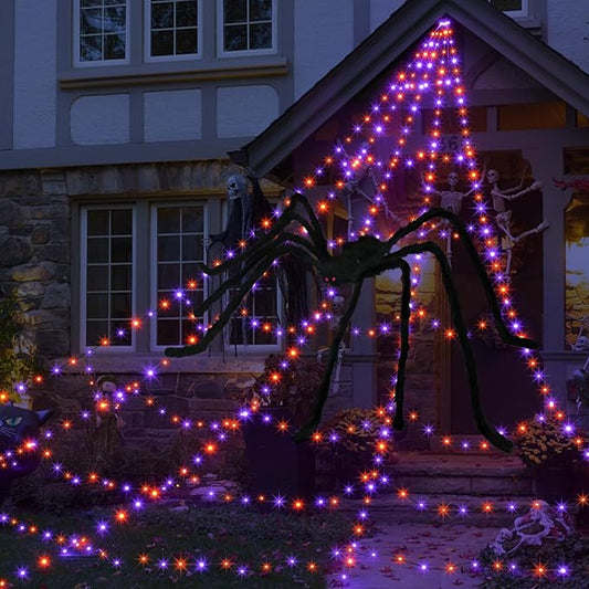 Halloween Spider Web Lights Decoration 455 LED Spider Webs Halloween Decorations Outdoor with 59" Large Spider & 3.53 oz Stretch Cobweb 16.4 Ft Light Up Giant Spider Web (Purple & Orange)
