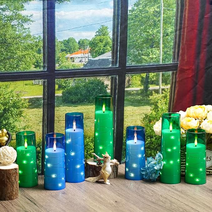 Flameless Candles,with Embedded Star String, Battery Operated Candles Flickering LED Pillar Candles with Remote Control and Timer, Home Decoration Add a Warm and Romantic Atmosphere，Set of 7 (Blue)