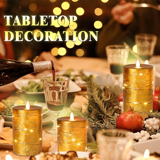 Da by Gold Flameless Candle, Battery-Powered Candle with Recessed String Light, LED Candle with 11-Button Remote, 24-Hour Timer Function, Dancing Flame, Real Wax