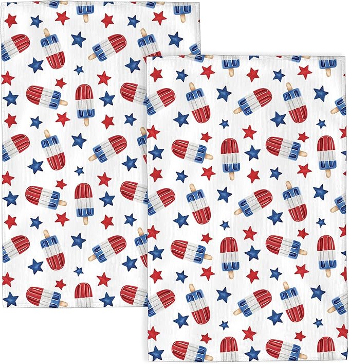 4th of July Kitchen Towels 16x24 Inch Red Navy Blue Stars Patriotic Decor Dish Towels American Independence Day Decoration Hand Towels Absorbent Dish Cloths for Home Kitchen Dining Set of 2