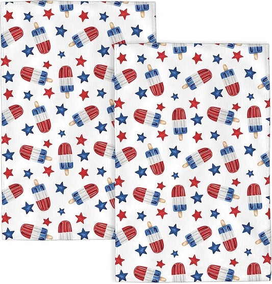 4th of July Kitchen Towels 16x24 Inch Red Navy Blue Stars Patriotic Decor Dish Towels American Independence Day Decoration Hand Towels Absorbent Dish Cloths for Home Kitchen Dining Set of 2