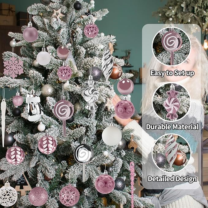 130 Pcs Christmas Ball Ornaments, Christmas Tree Decoration Set Red Christmas Ball Shatterproof Hanging Ornament Decorations for Christmas Tree, Wreaths, and Outdoor Displays (Pink)