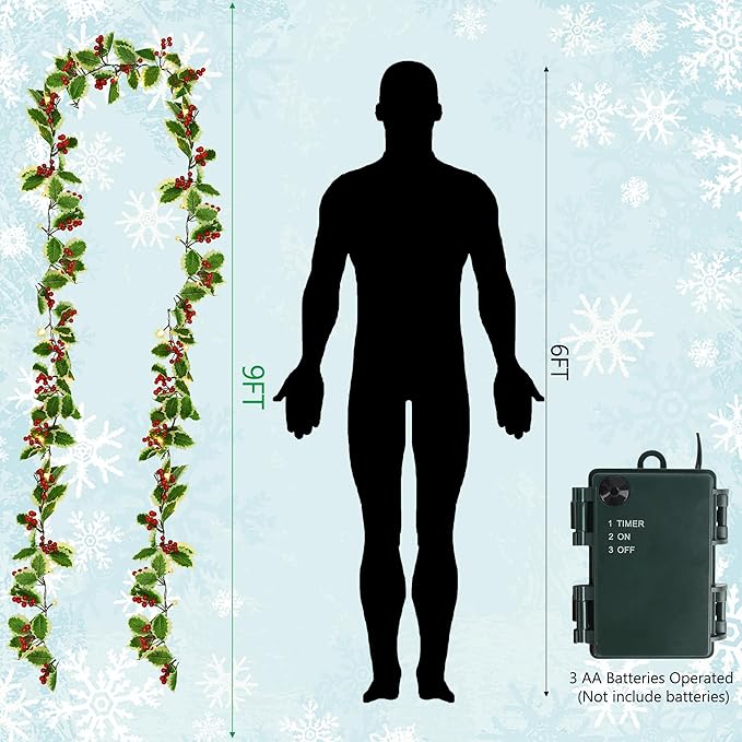 Juegoal 2 Pack Christmas Garlands, 9FT Pre-lit Red Berries & Holly Leaves Garland, Artificial Lighted Garland Battery Operated with Timer, Indoor Outdoor Xmas Fireplace Gate Home Winter New Year Decor