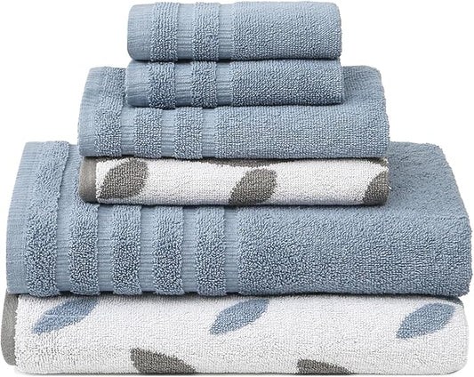 Modern Threads Organic Vines 6-Piece 100% Cotton Towel Set – Yarn Dyed Jacquard & Solid – Includes 2 Bath Towels, 2 Hand Towels, 2 Washcloths – Absorbent, Quick Dry, Soft & Durable – Blue