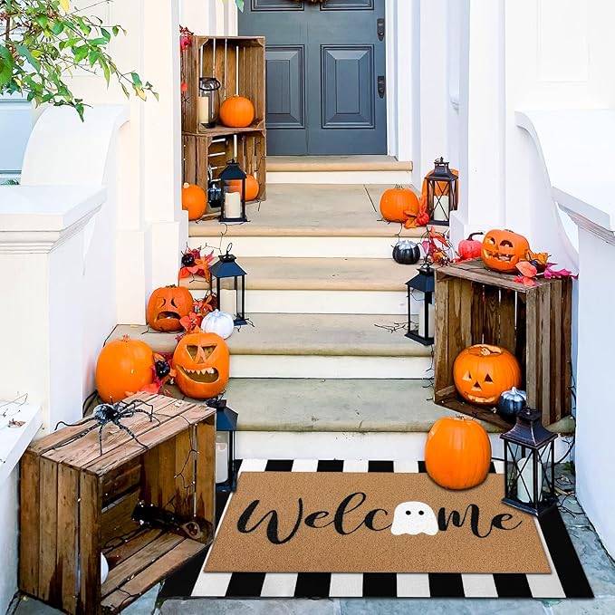2 Pcs Halloween Door Mat Ghost Welcome Non Slip Coir Mats Cute Black White Stripe Floor Layering Doormats Seasonal for Front Porch Entryway Decor(White Ghost)