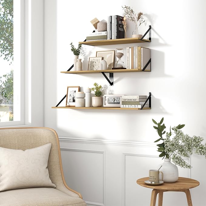 Fun Memories Deep Floating Shelves for Wall, 24W x 8D Wall Mounted Shelves Set of 2, Wide Display Ledge Shelf with Sturdy Metal Brackets for Living Room, Bathroom, Bedroom and Kitchen, Oak