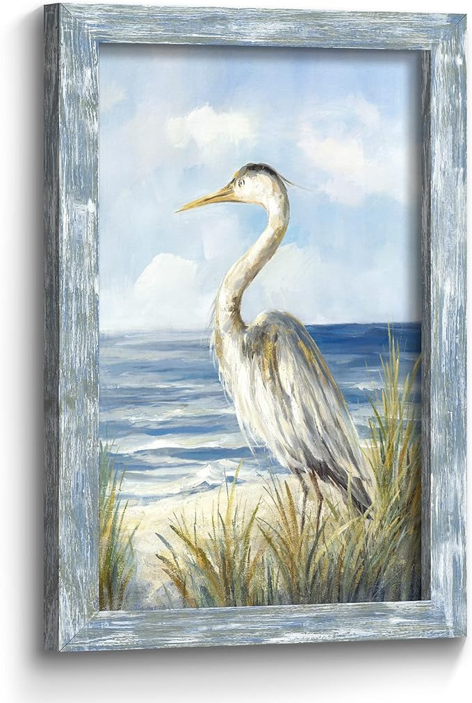 Coastal Sea Bird Wall Art: Framed Blue Ocean Scene Picture Heron on Beach Wooden Painting Artwork Modern Bedroom Bathroom Living Room Wall Decoration Home Office Decor 24”x16”