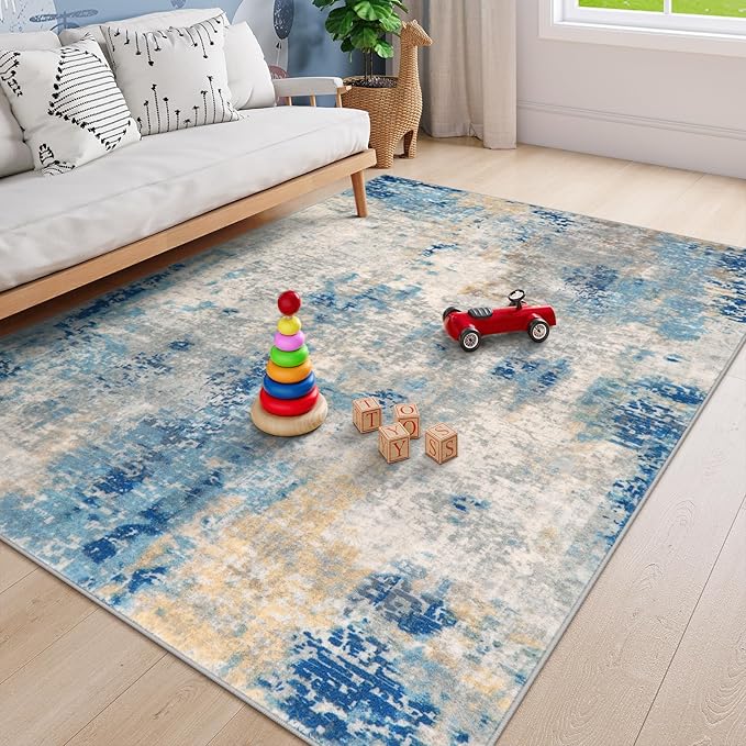 Lahome Modern Abstract 6x9 Area Rugs for Living Room, Washable Accent Bedroom Rug Low Pile Stain Resistant, Blue Soft Indoor Contemporary Carpet for Dining Room Table Apartment