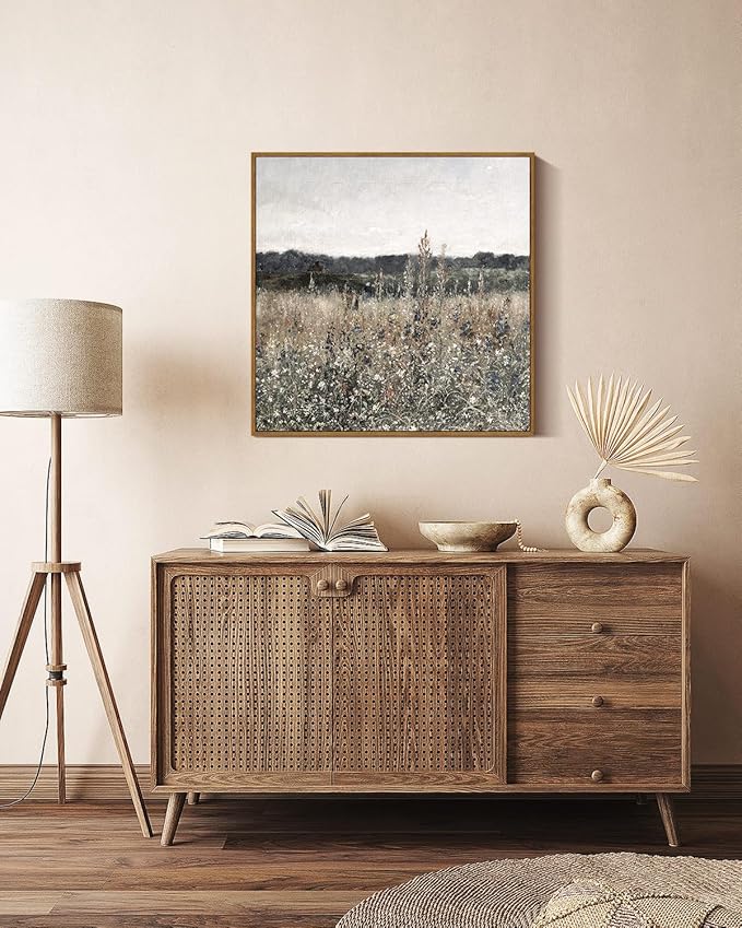 InSimSea Square Framed Canvas Wall Art, Scenery Field Home Decor, Vintage Meadow Flowers Wall Art Prints, Retro Nature Floral Wall Decor for Living Room Bedroom Home Bathroom 20"x20"