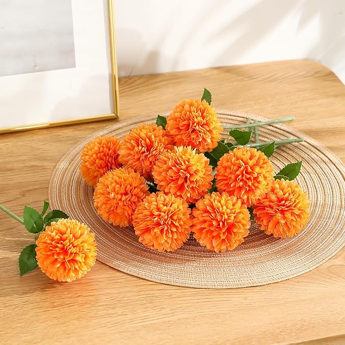 Floweroyal 24pcs Fall Flowers Artificial Chrysanthemum Ball Flower, Fake Mums Silk Hydrangea Flowers Bridal Wedding Bouquet for Home Garden Party Office Autumn Decor