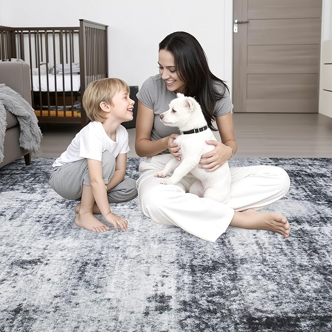 8x10 Area Rug Living Room Rug: Washable Modern Abstract Soft Thin Rug Indoor Floor No Slip Stain Resistant Carpet for Bedroom Dining Room Farmhouse Nursery Home Office - Dark Black